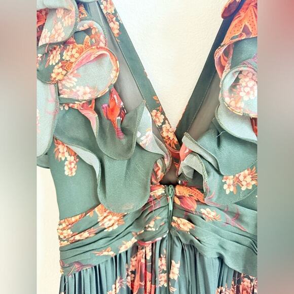 Johanna Ortiz Renaissance Forest Green Floral Print Ruffle Silk Maxi Gown 2 - Picture 12 of 15
